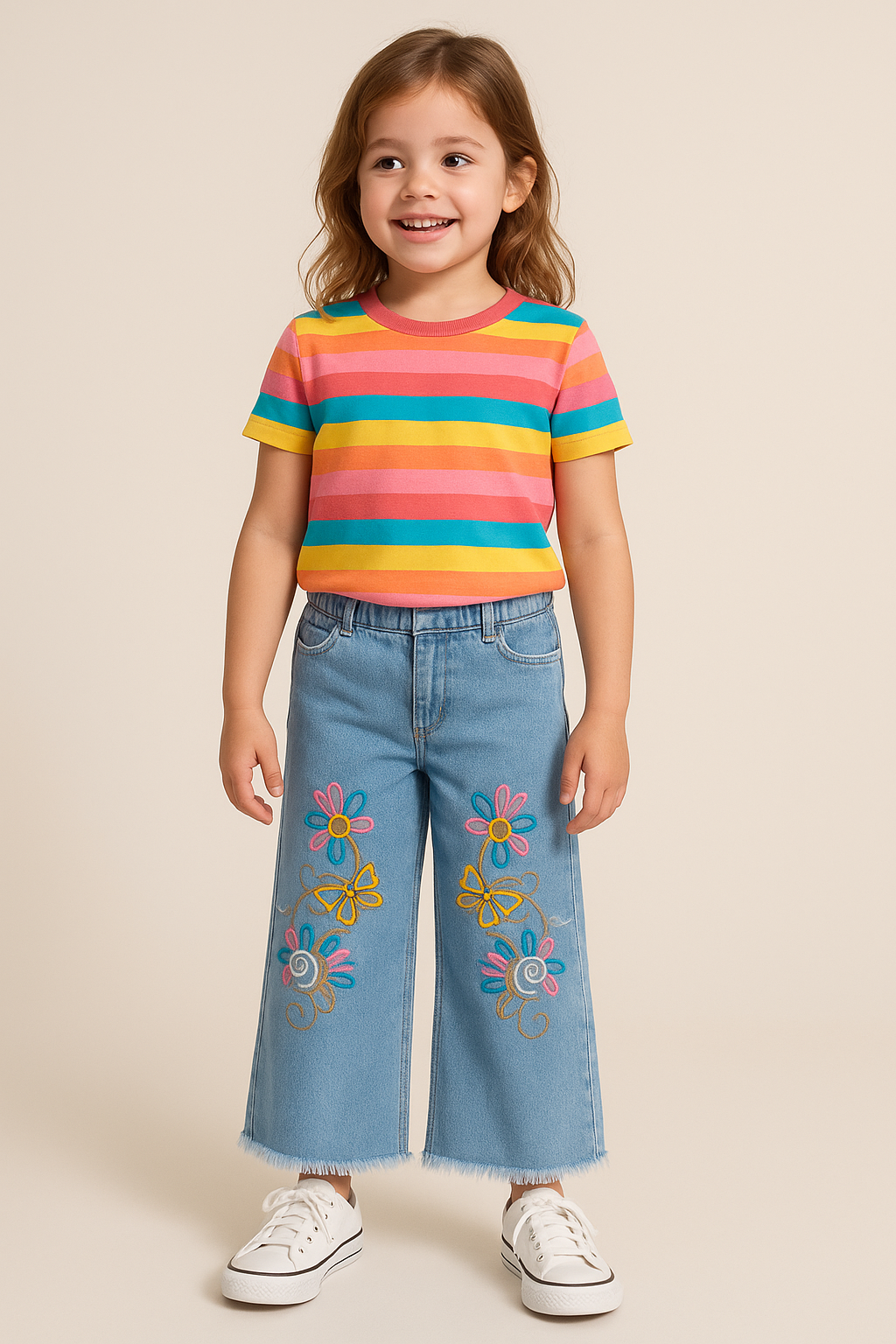 Flower Embroidered Wide Leg Jeans