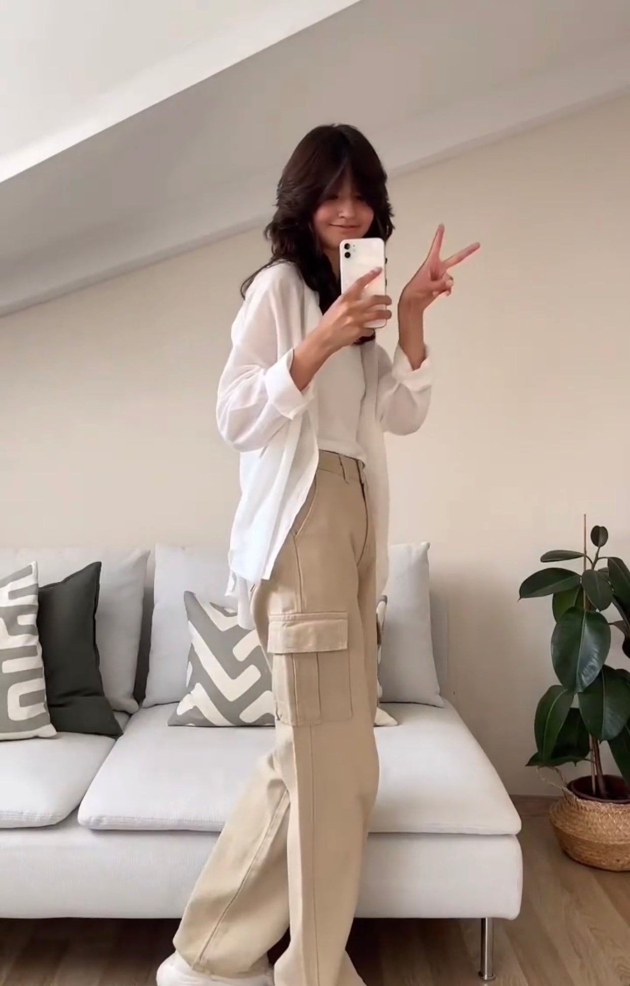 Beige Cargo Wide Leg Jeans