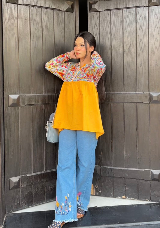Blue MultiEmbroidered High Waisted Jeans