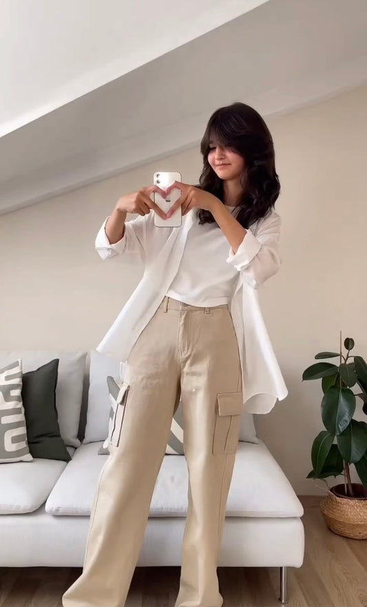 Beige Cargo Wide Leg Jeans