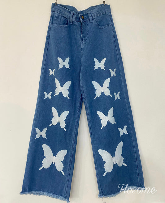 Butterfly print Wide Leg Jeans