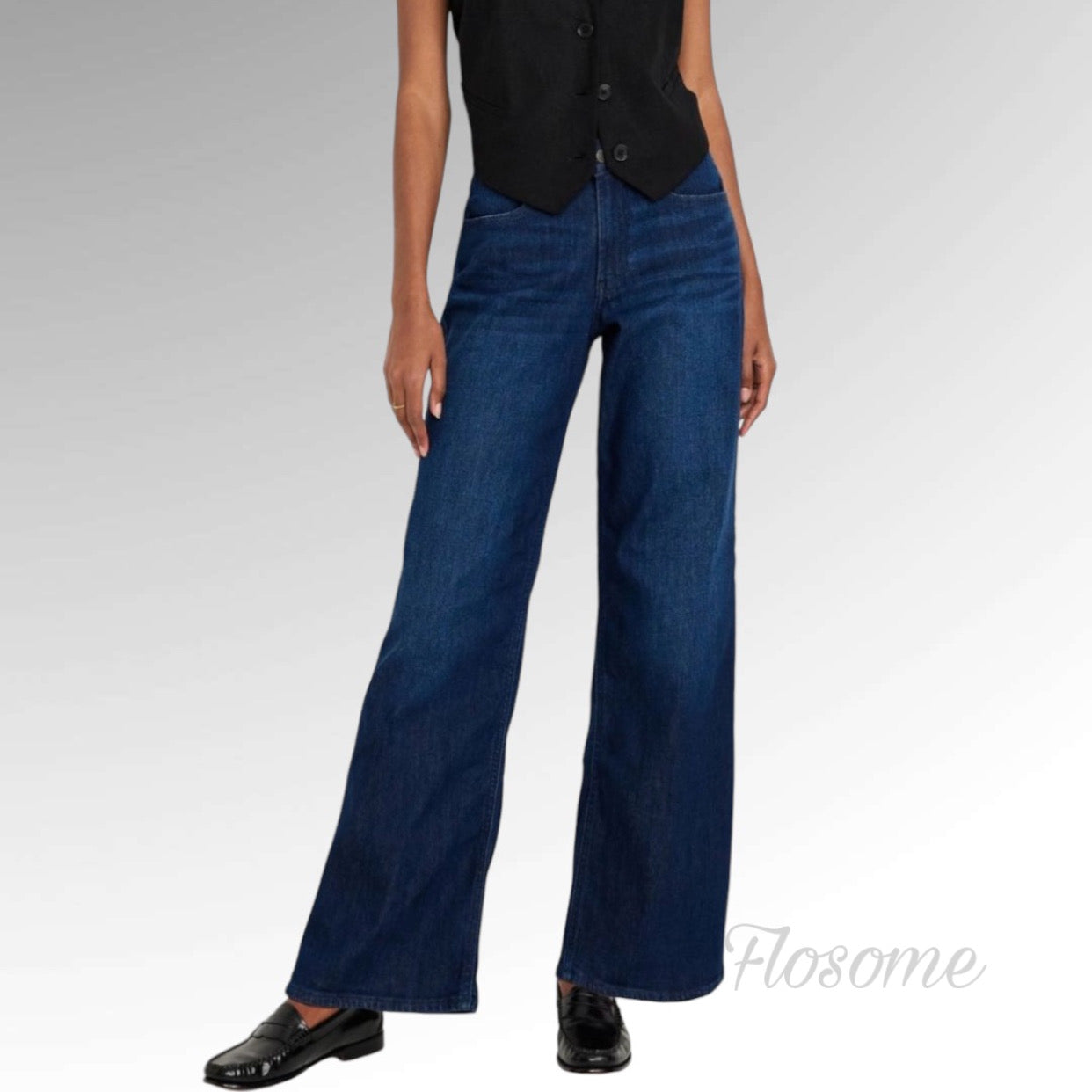 Navy Blue High Waisted Wide Leg Jeans