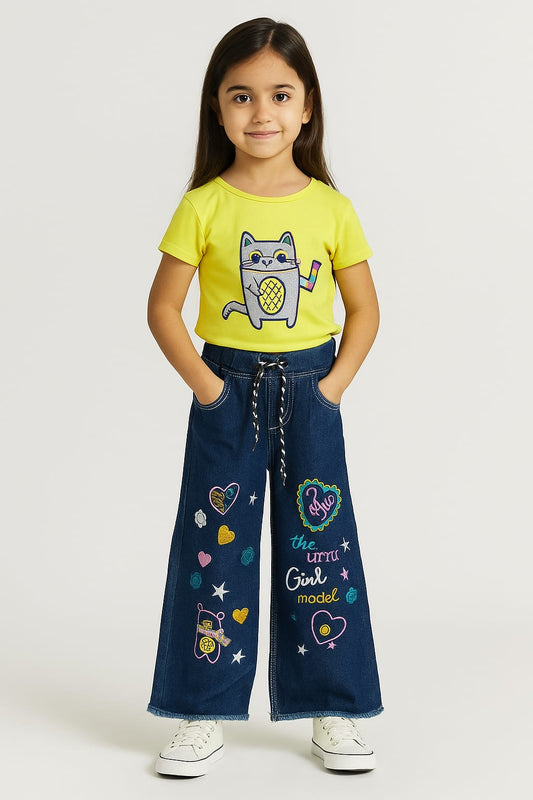 Navy Blue Cute Embroidered Kids Wide Leg Jeans