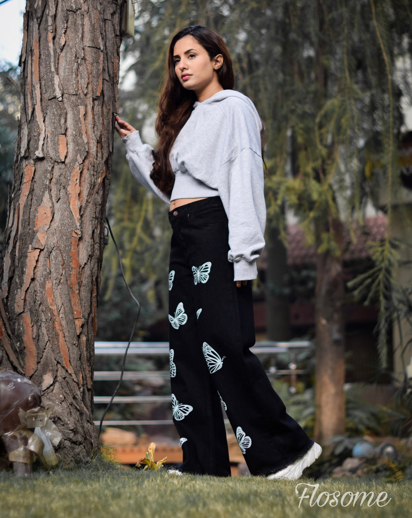 Butterfly Print Black Wide Leg Jeans