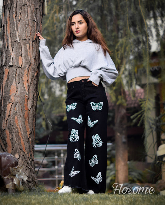 Butterfly Print Black Wide Leg Jeans