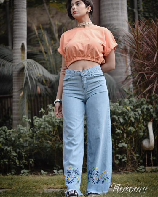 Embroidered Wide Leg Jeans