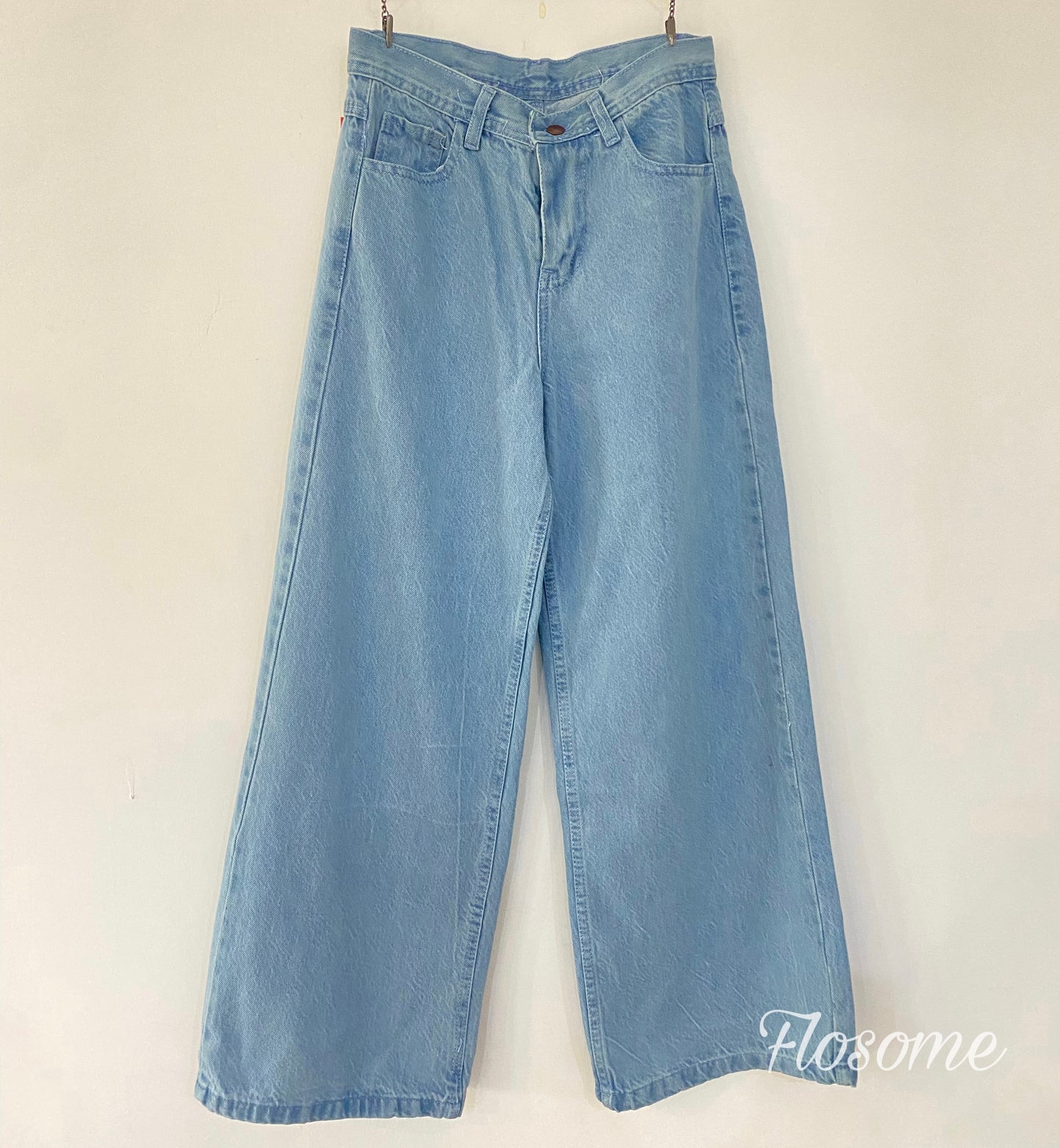 Blue Plain Wide Leg Jeans