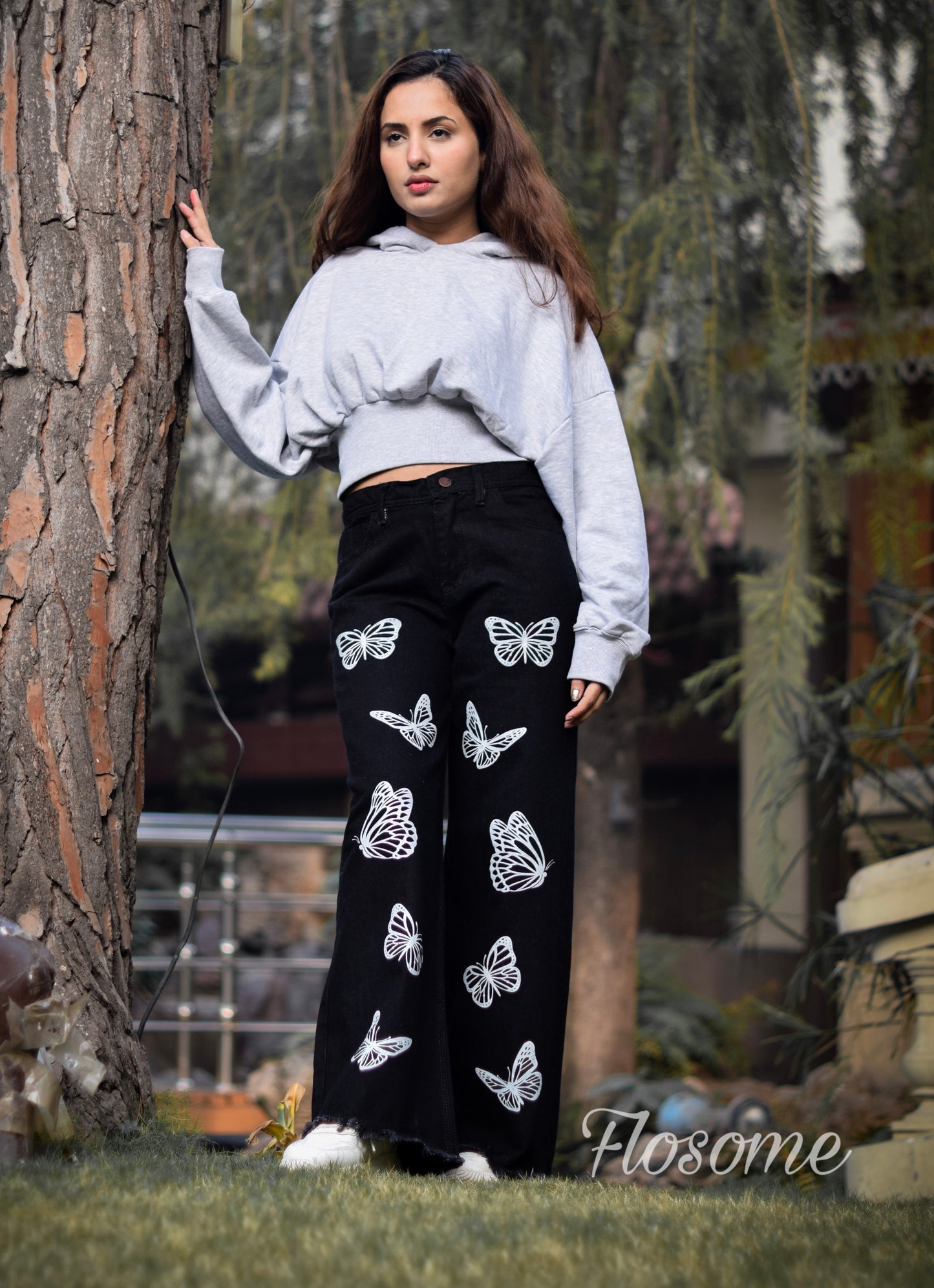 Butterfly Print Black Wide Leg Jeans