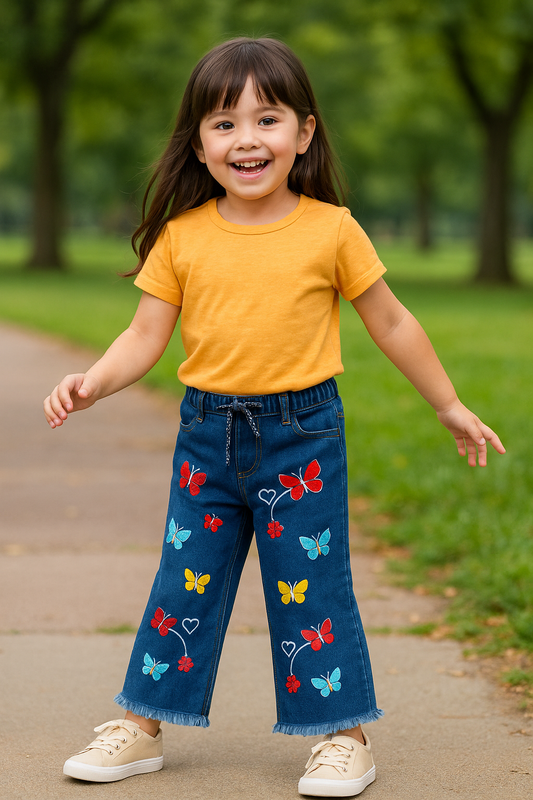 Kids Butterfly Embroidered Wide Leg Jeans