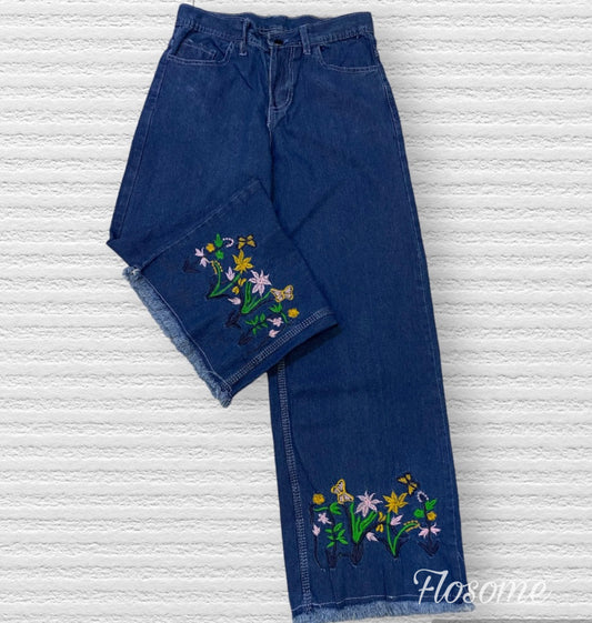 Navy Blue Embroidered High Waisted Jeans