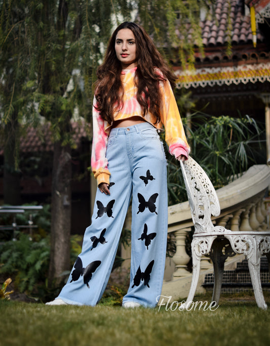 Butterfly print wide leg jeans